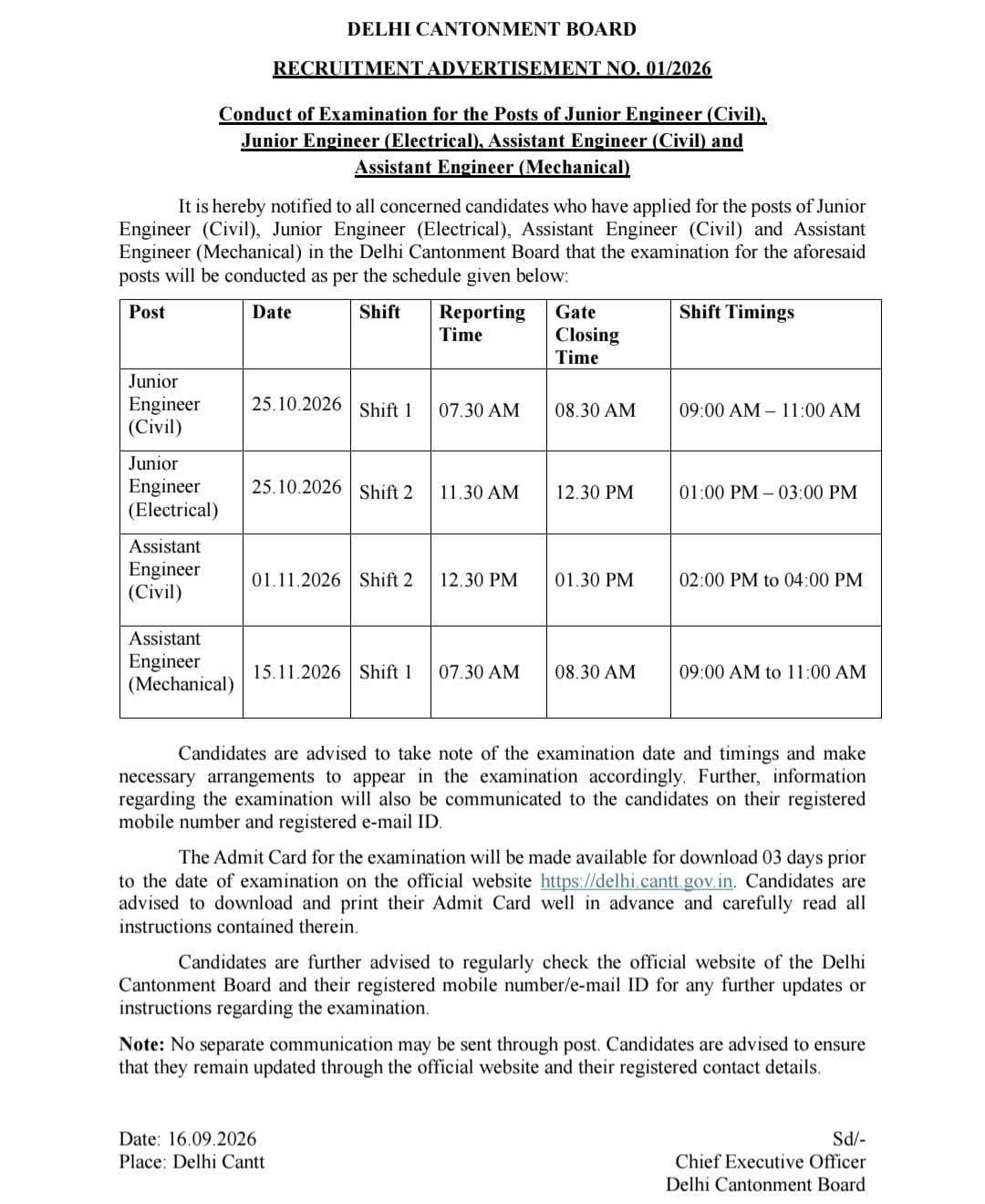 Delhi Cantonment Board (Dcb) Ae And Je Exam Date 2026 : Check Official Schedule Here !! 1