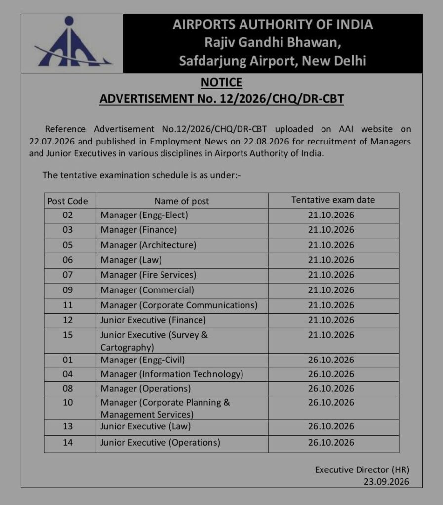 Aai Junior Executive &Amp; Manager Exam Date 2026, Check Now!!