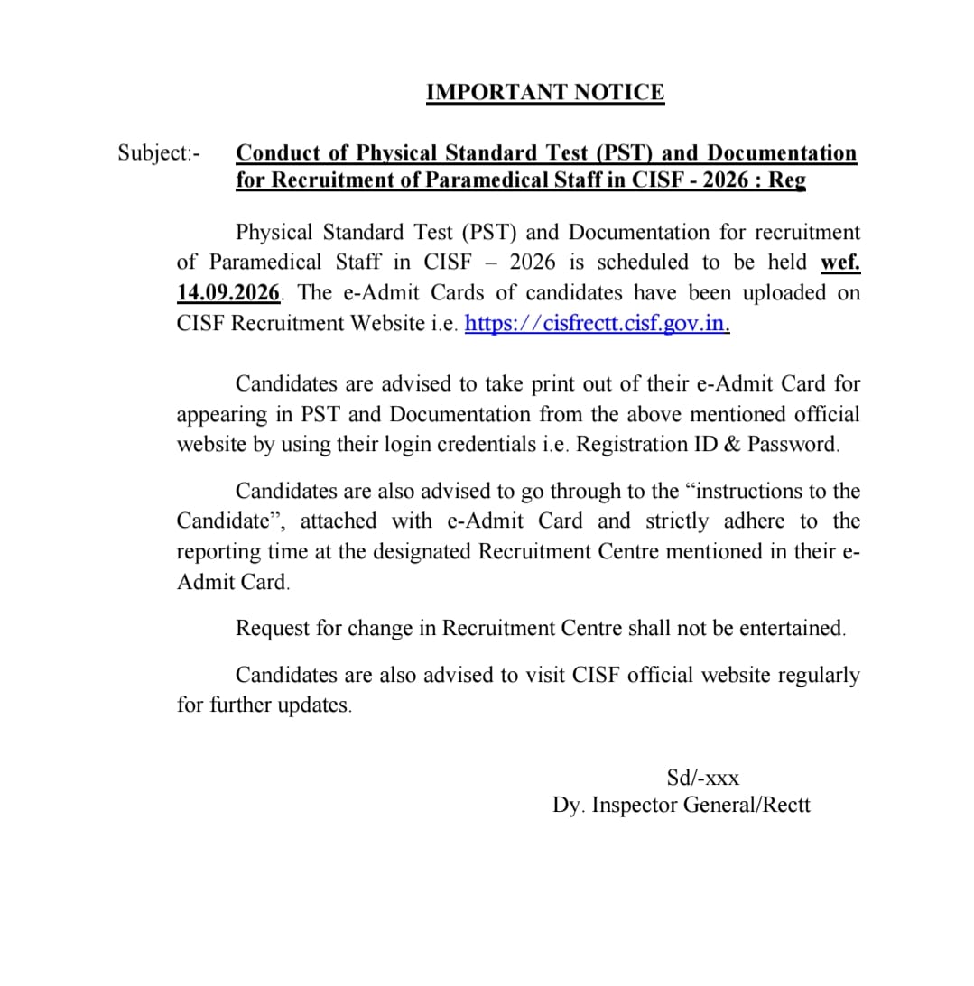 Cisf Asi Pst/Dv Admit Card 2026 Out : Download Hall Ticket Now !! 3 Cisf Asi Pst/Dv Admit Card