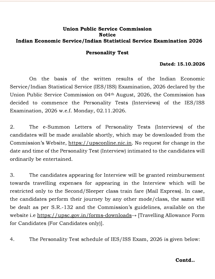 Upsc Ies / Iss Interview Schedule 2026 Out
