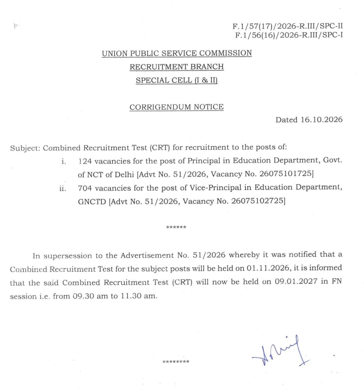 Upsc Principal &Amp; Vice-Principal (Nct Delhi) Exam Date Out