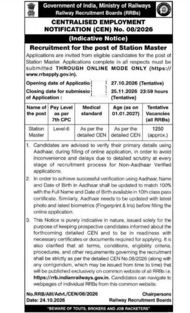 Rrb Station Master Recruitment 2026 Short Notice Out, What Is New In This Exam? 3 Rrb Station Master Recruitment 2026 Short Notice Out, What Is New In This Exam? 1