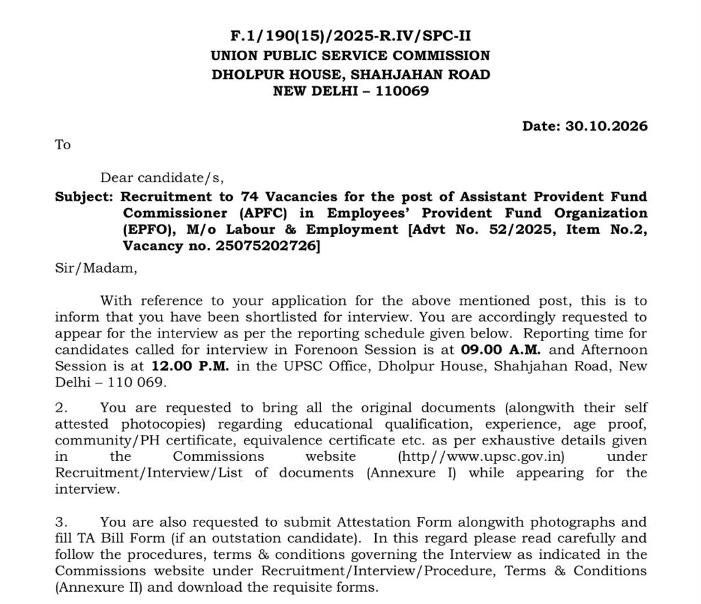 Check Amount UPSC EPFO APFC Interview Schedule 2026 Out: Check Interview Date ...